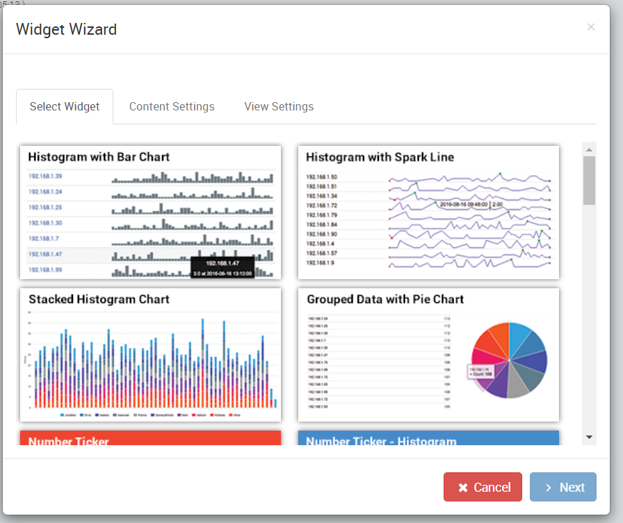 selecting a widget for dashboard